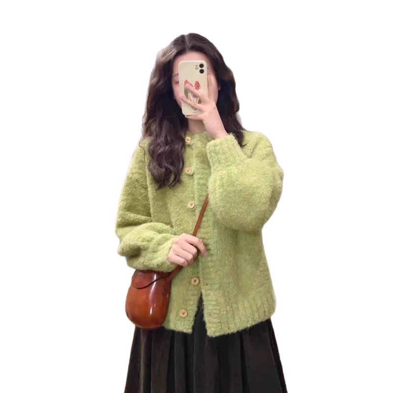 牛油果绿色毛衣外套女秋冬软糯宽松休闲外搭慵懒风针织开衫上衣潮|undefined
