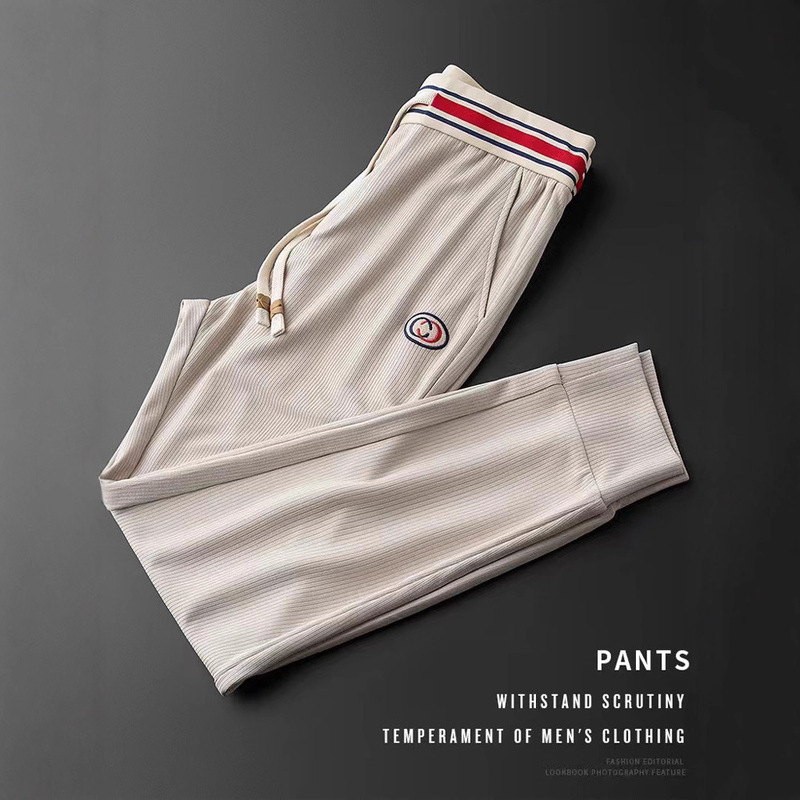 Light Luxury Summer Thin Modal Soft Striped Stretch Sports Pants for Men, Slim Fit Tapered Embroidered Casual Pants for Men