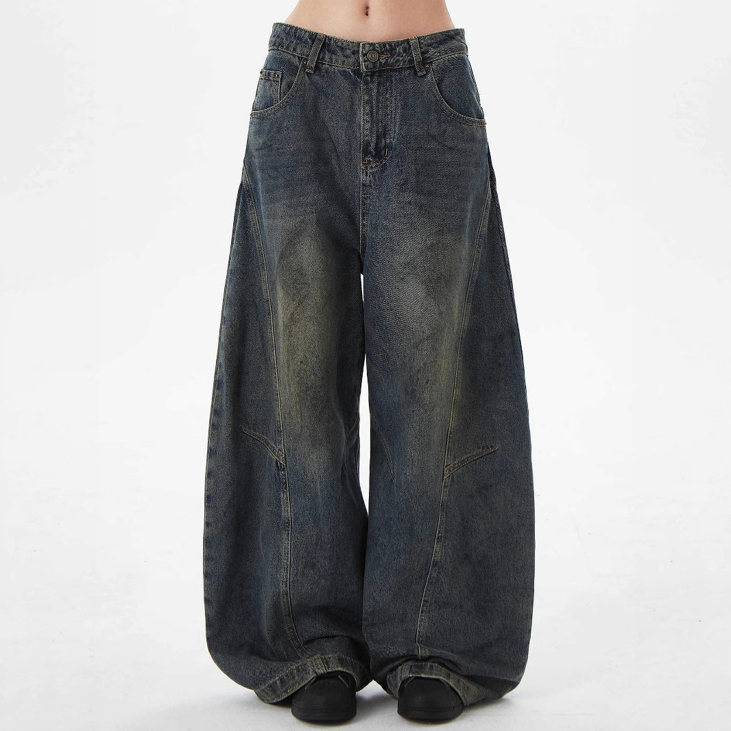 American Niche Deconstructed Washed Scimitar Jeans Men's Design Sense Casual Baggy Wide-Leg Pants Ins_mkmklike.com