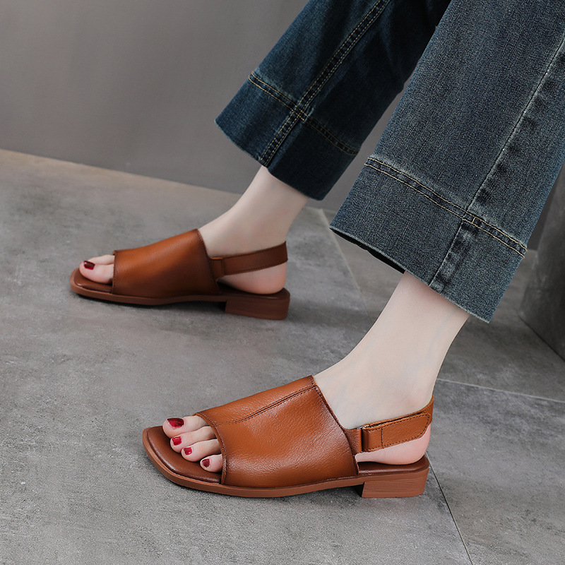 Sandal nữ da bò thật hở mũi phong cách cổ điển quai chữ V đế bệt mềm — màu nâu