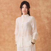 夏季立领唐装天丝衬衫女薄长袖衬衣国风单排扣甜美纯色款上衣