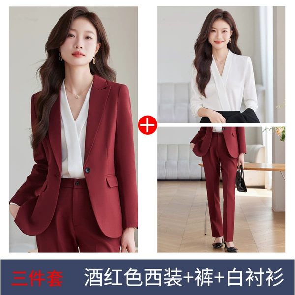 Set, burgundy classic suit jacket, trousers, shirt, 3 piece set