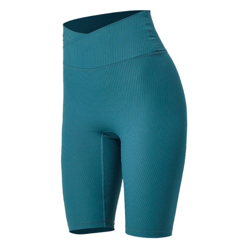 Cintura alta cruzada Levantamiento de cadera pantalones de cuatro cuartos entrenamiento transpirable para mujeres medias de contracción del vientre pantalones cortos deportivos de yoga pantalones de montar