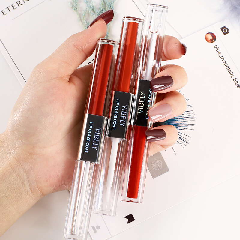VIBELY Double-head Lip Gloss Raincoat, non-stick cup, Water Gloss mirror Lip Gloss Raincoat, Lipstick Setting Wonder, Setting liquid undefined