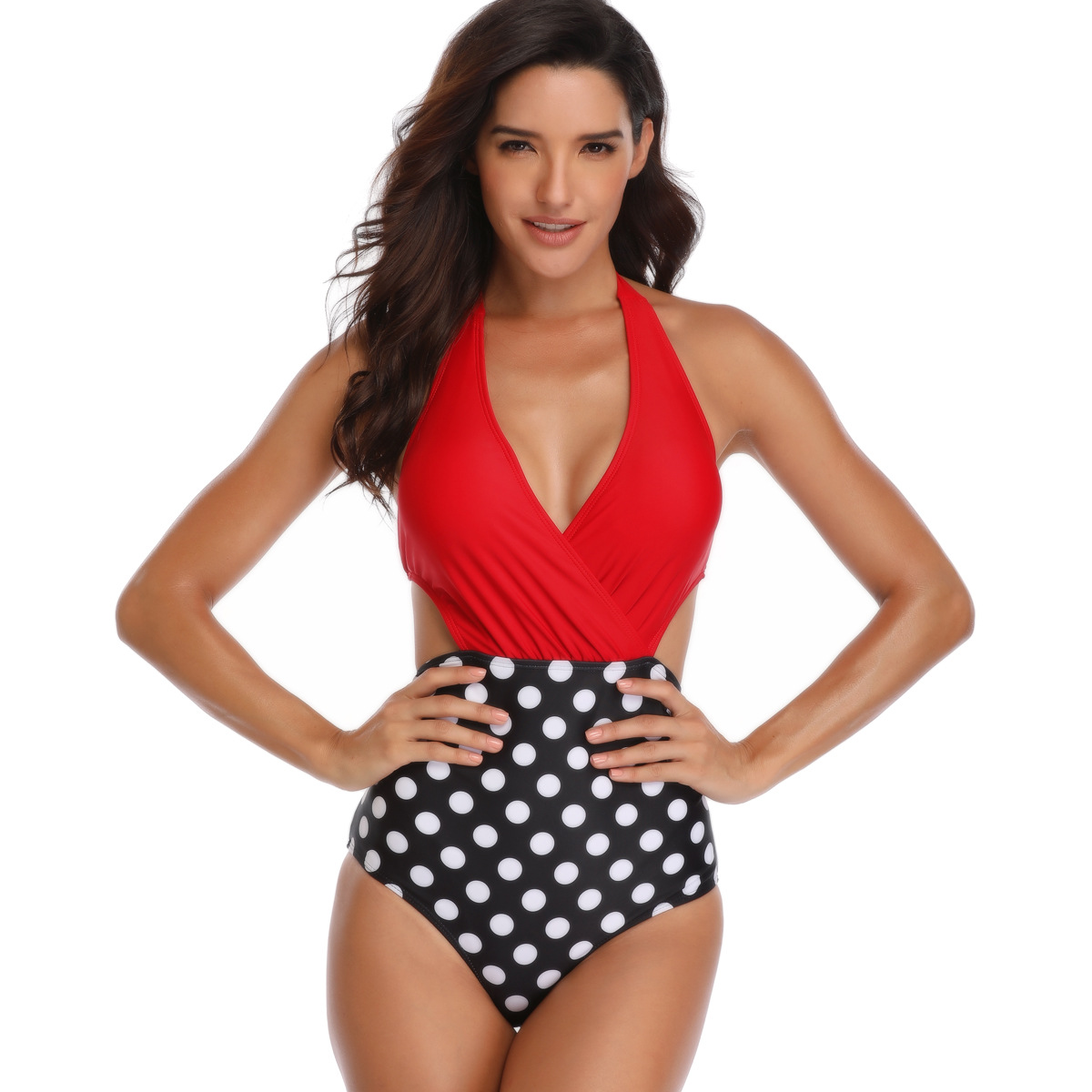 v-neck print stitching one-piece swimsuit （multi-color） NSGM121019
