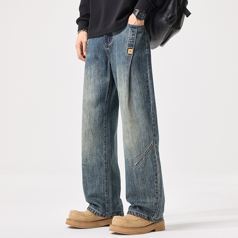 2026 Autumn New Washed Workwear Wide-Leg Jeans for Men, Vintage Blue, Loose Fit, Comfortable, Non-Stretch, Cross-Border Long Pants for Men