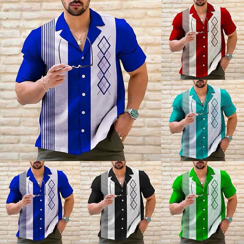 Cross Border Men's Shirt Bowling Shirt Striped Pattern Cuban Collar Outdoor Casual Short Sleeve Shirt Amazon