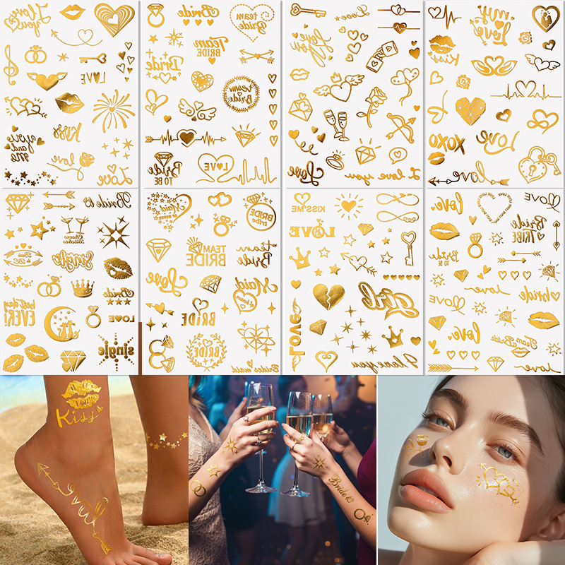 Cross-Border European and American Gold Foil Tattoo Stickers Waterproof and Long-Lasting Temporary Metal Tattoo Stickers for Weddings, Valentine's Day, and Dates
