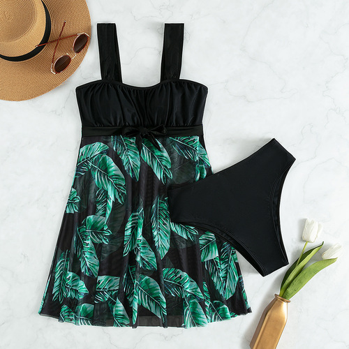 2025 Tropical Print Tankini Two-Piece Set, Pleated Strappy Swimsuit, Versatile European and American Style Sexy Mesh Swimsuit for Women