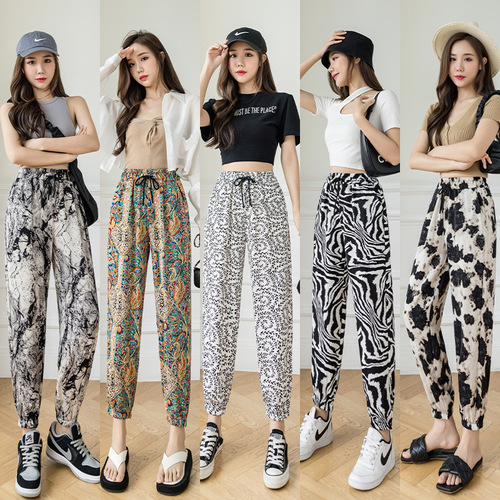 Tie-dye ink-wash pants for women, loose-fitting, thin ice-silk casual harem pants for petite figures, chiffon harem pants, sports lantern pants.