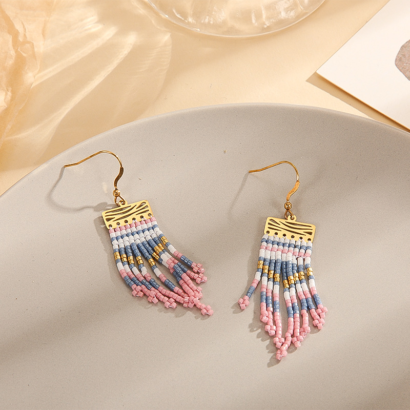 Retro Tassel Glass Titanium Steel Handmade Braid Drop Earrings 1 Pair