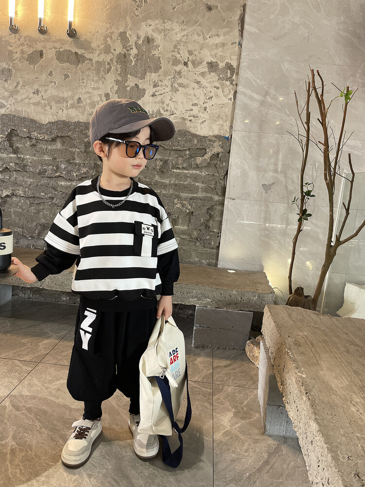 Suéteres de rayas para niños, botas, pantalones, ropa de primavera y otoño, nuevo conjunto de dos piezas moderno y moderno para niños,_voghion.com