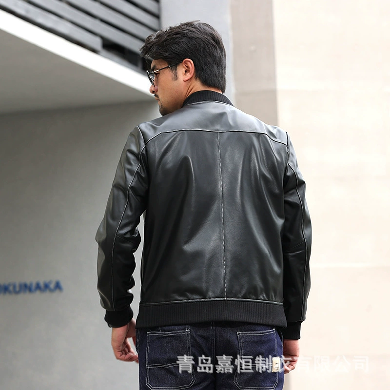 Baseball leather jacket, first‑layer sheepskin, contrast stitching, casual bomber