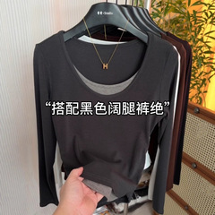 假两件撞色高级感chic别致上衣T恤女韩版简约显瘦洋气打底衫秋季