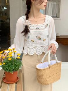 Design hollow-out knitted stitching square collar shirt women's summer 2023 new salt sun protection chiffon shirt long sleeve top