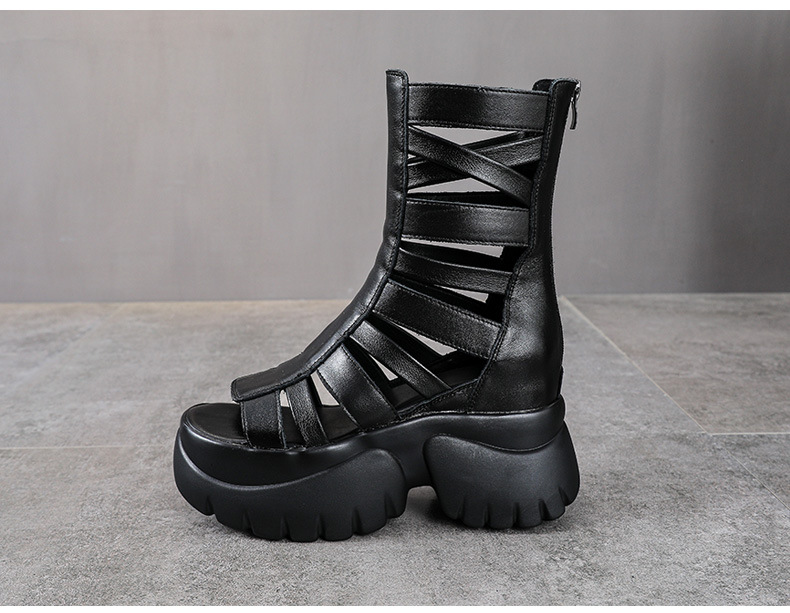 Sandal cao gót nữ da bò thật đế xuồng, mũi hở, gót 9 cm, phong cách La Mã — màu đen chi tiết 11