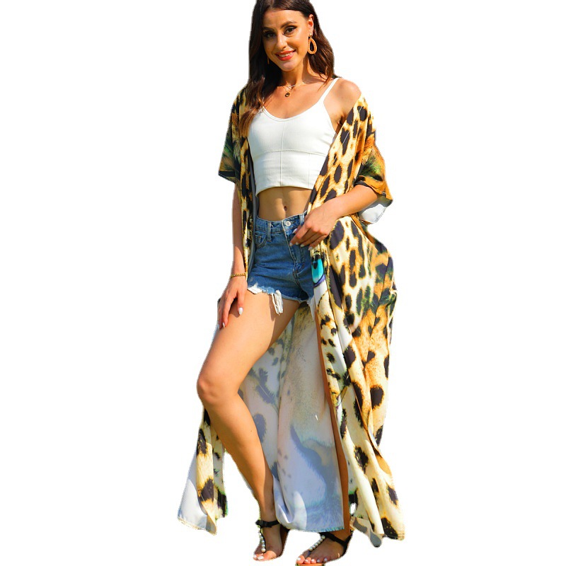 Playa blusa Tigre patrón posicionamiento impresión vacaciones cardigan bikini camisa de protección solar traje baño desgaste exterior 5D76
