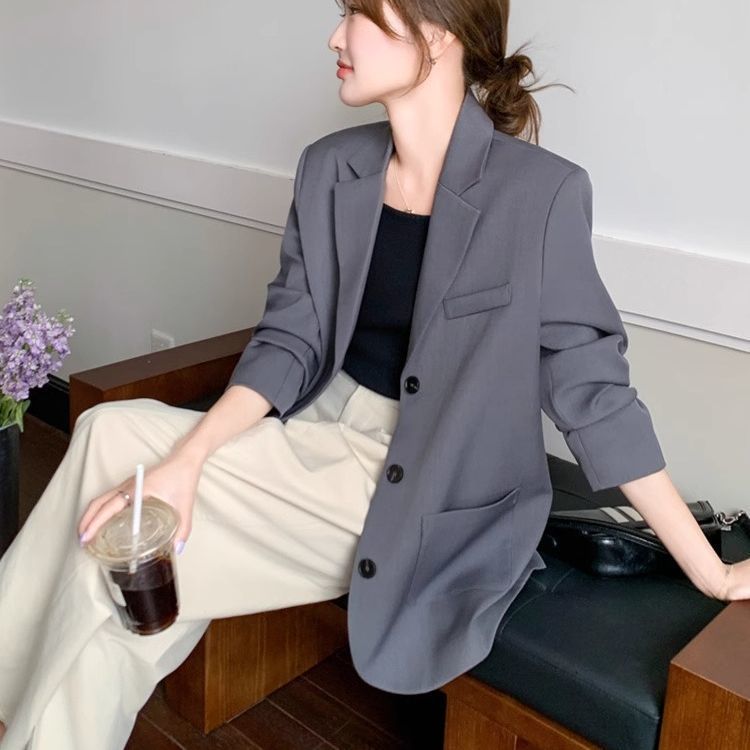 超火休闲灰色西装外套女春秋2025新款设计感小心机开叉蝴蝶结西服|undefined