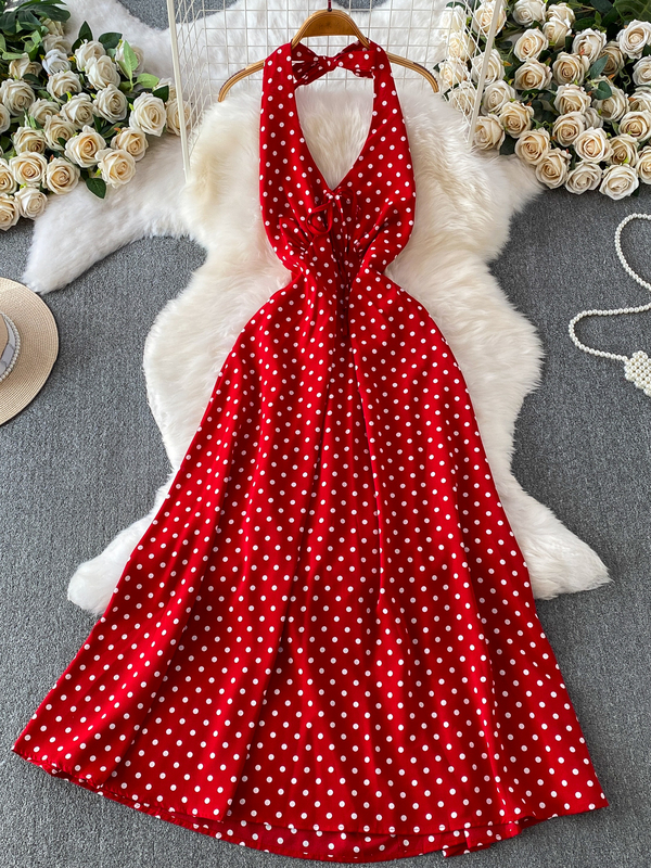 90S Hong Kong Retro Red Polka Dot V-Neck Halter Dress for Women 2026 Summer High-Waisted Slimming A-Line Long Dress 90S Hong Kong Retro Red Polka Dot V-Neck Halter Dress for Women 2026 Summer High-Waisted Slimming A-Line Long Dress
