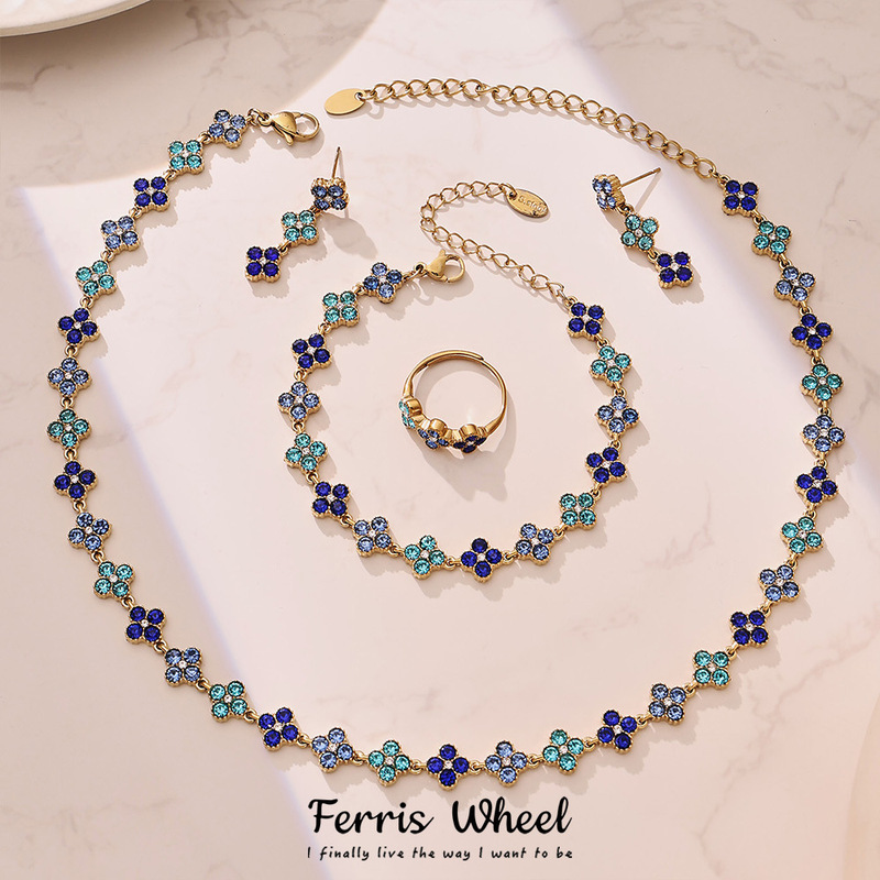 Elegant Colorful Zircon-Inlaid Petal Clover Necklace, Bracelet, and Earrings Fashion Set for Women Elegant Colorful Zircon-Inlaid Petal Clover Necklace, Bracelet, and Earrings Fashion Set for Women
