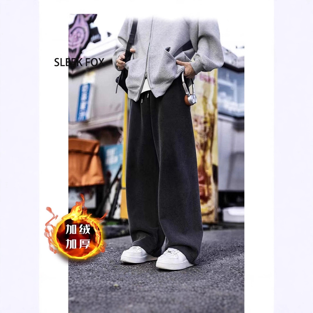 Japanese-Style Youth Daily Commute Casual Pants Autumn and Winter New Fleece-Lined Pure Cotton Washed Sweatpants Versatile Straight-Leg Pants