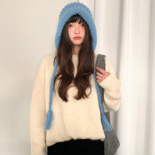 Blue ear protection balaclava hat for women in winter autumn and winter new style large head circumference warm knitted woolen hat red