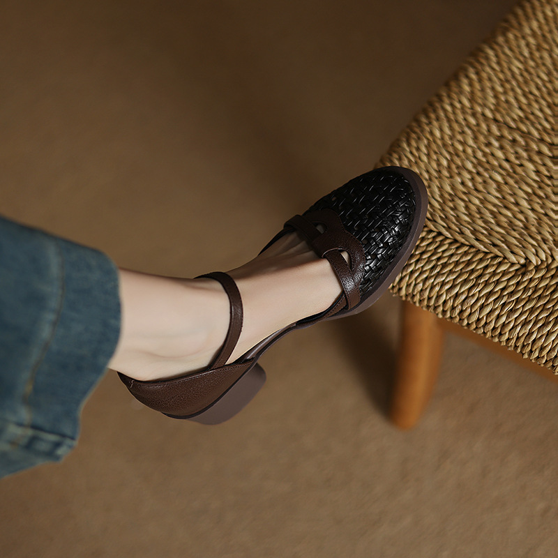 Gran belleza ~ Piel de cordero súper suave ~ Sandalias trenzadas de tacón alto hueco 2025 verano nuevos zapatos de mujer de tacón grueso