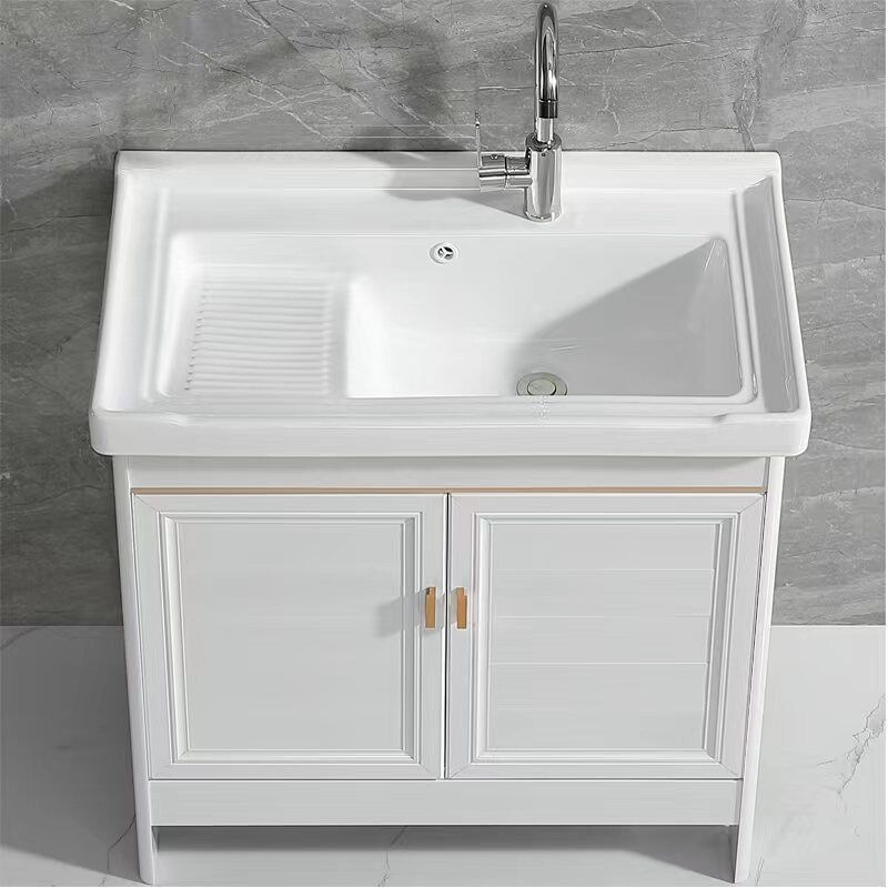 Bathroom Balcony Ceramic Laundry Basin with Washboard Sink, Space Aluminum White Floor-Standing Bathroom Cabinet Combination Washbasin Bathroom Balcony Ceramic Laundry Basin with Washboard Sink, Space Aluminum White Floor-Standing Bathroom Cabinet Combination Washbasin