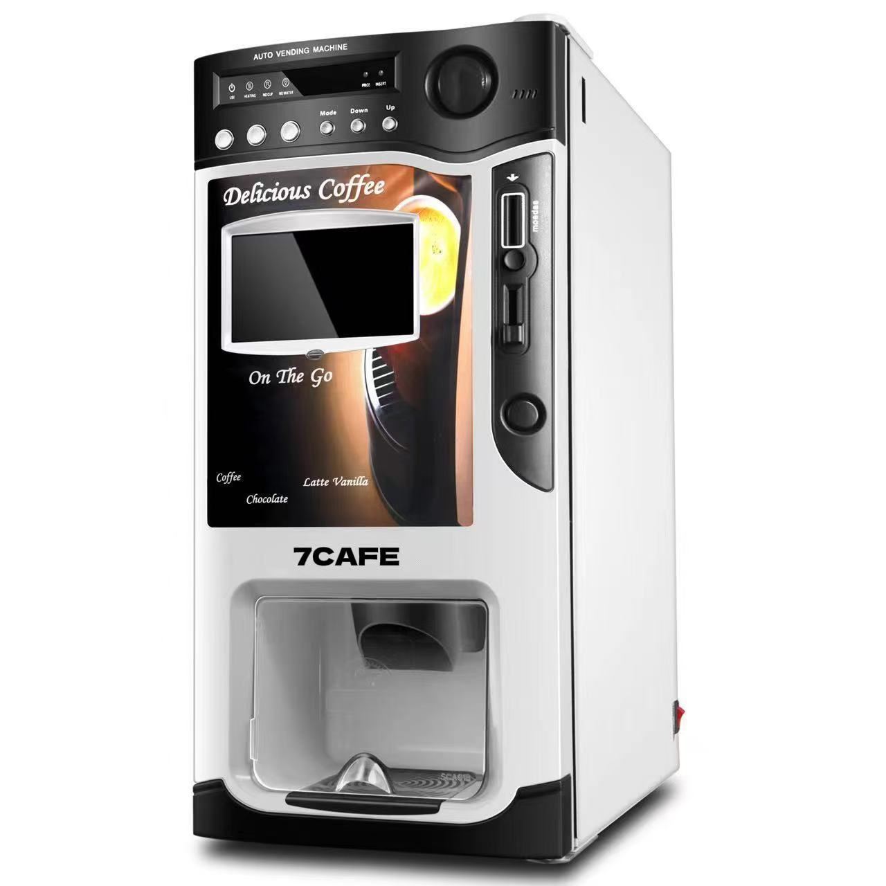 Máquina de café de 7 cafeteras de monedas de escritorio totalmente automática de 7 pulgadas pantalla de publicidad HD tres canales máquina de venta de bebidas
