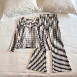 83085#带胸垫睡衣女春秋季长袖撞色边韩系条纹风提花棉家居服两件