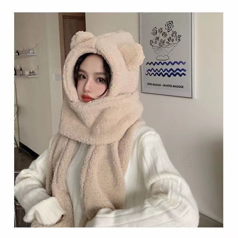 クマの帽子とスカーフオールインワン女性の秋と冬かわいい学生サイクリングぬいぐるみ暖かい耳保護フード付きマスクスカーフ|undefined