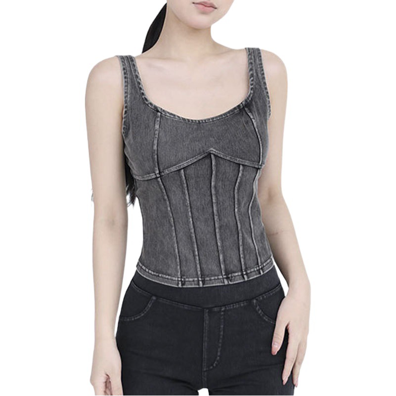 Primavera y verano nuevo Denim yoga camisola de las mujeres elástico apretado con el pecho pad belleza volver deportes desgaste exterior fitness top