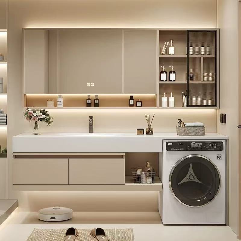 New Cream Simple Bathroom Cabinet Balcony Washing Machine Combination Slate Integrated Seamless Bathroom Cabinet Hand Wash Basin