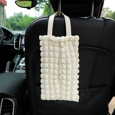 Car Tissue Hanging Bag, Car tissue box/set - beige-puff-grid-hanging-tissue-box