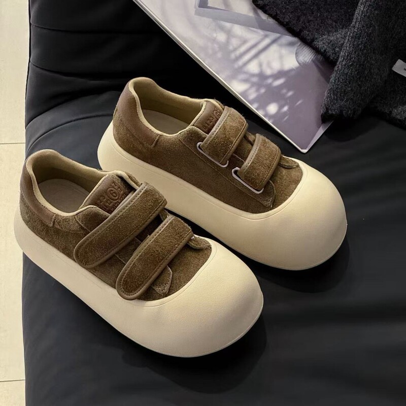 真皮丑萌娃娃头板鞋女加绒2025秋冬新款欧货魔术贴厚底运动休闲鞋|undefined