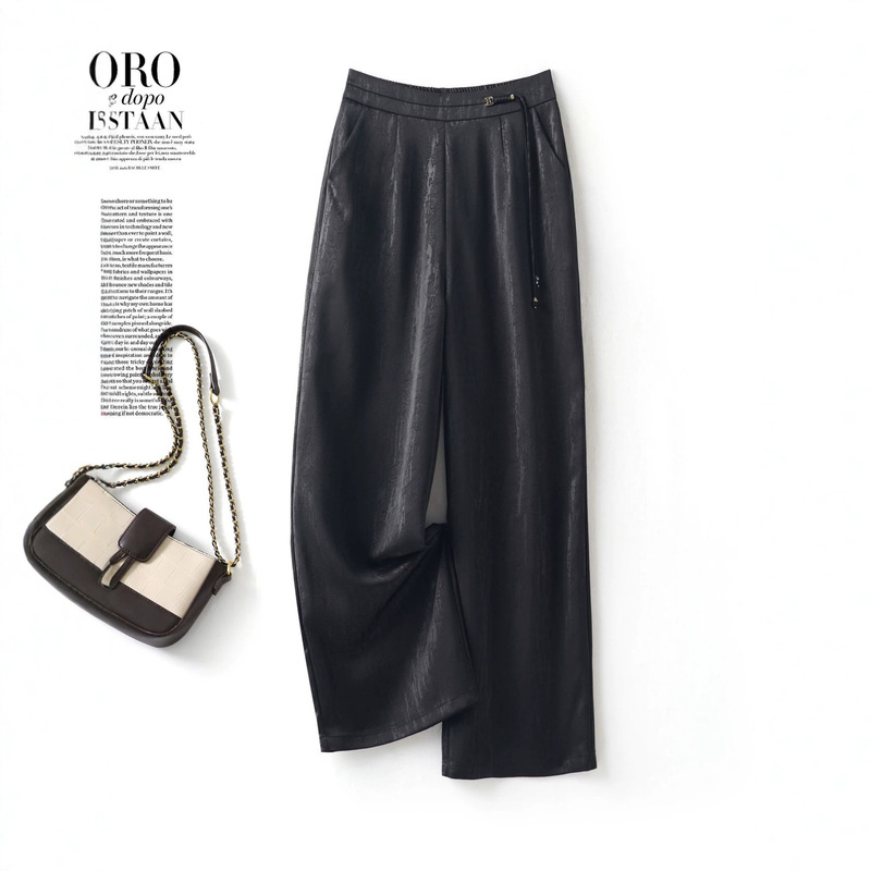 Black Silk Ol Commuter Straight-Leg Pants for Women, 2026 Summer New Style, Petite Loose Casual Pants, Plus Size Trendy Black Silk Ol Commuter Straight-Leg Pants for Women, 2026 Summer New Style, Petite Loose Casual Pants, Plus Size Trendy