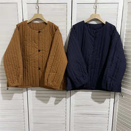 日系复古棉衣外套简约文艺复古压线条纹纯色圆领保暖棉衣棉服女