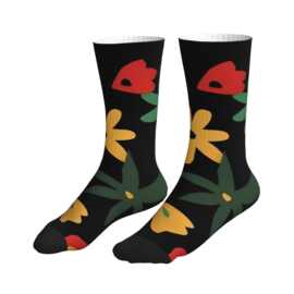 POD 印花跨境专供黑底撞色红黄绿简约抽象花卉艺术图案中筒袜