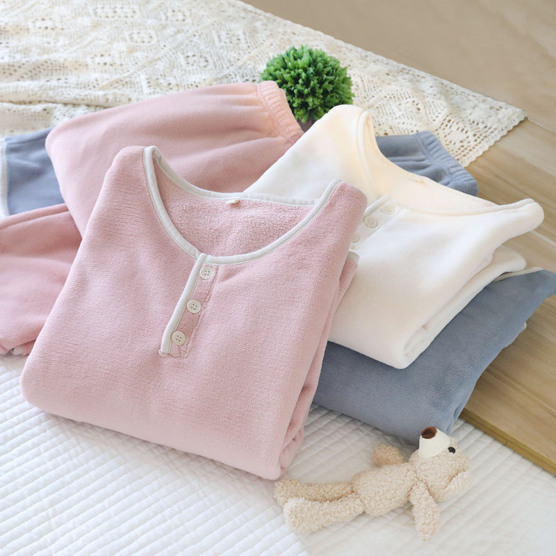 Women's Pajamas Autumn and Winter Coral Fleece Thickened Flannel Women's Set Home Wear Round Neck Solid Color Set Women's Pajamas Autumn and Winter Coral Fleece Thickened Flannel Women's Set Home Wear Round Neck Solid Color Set
