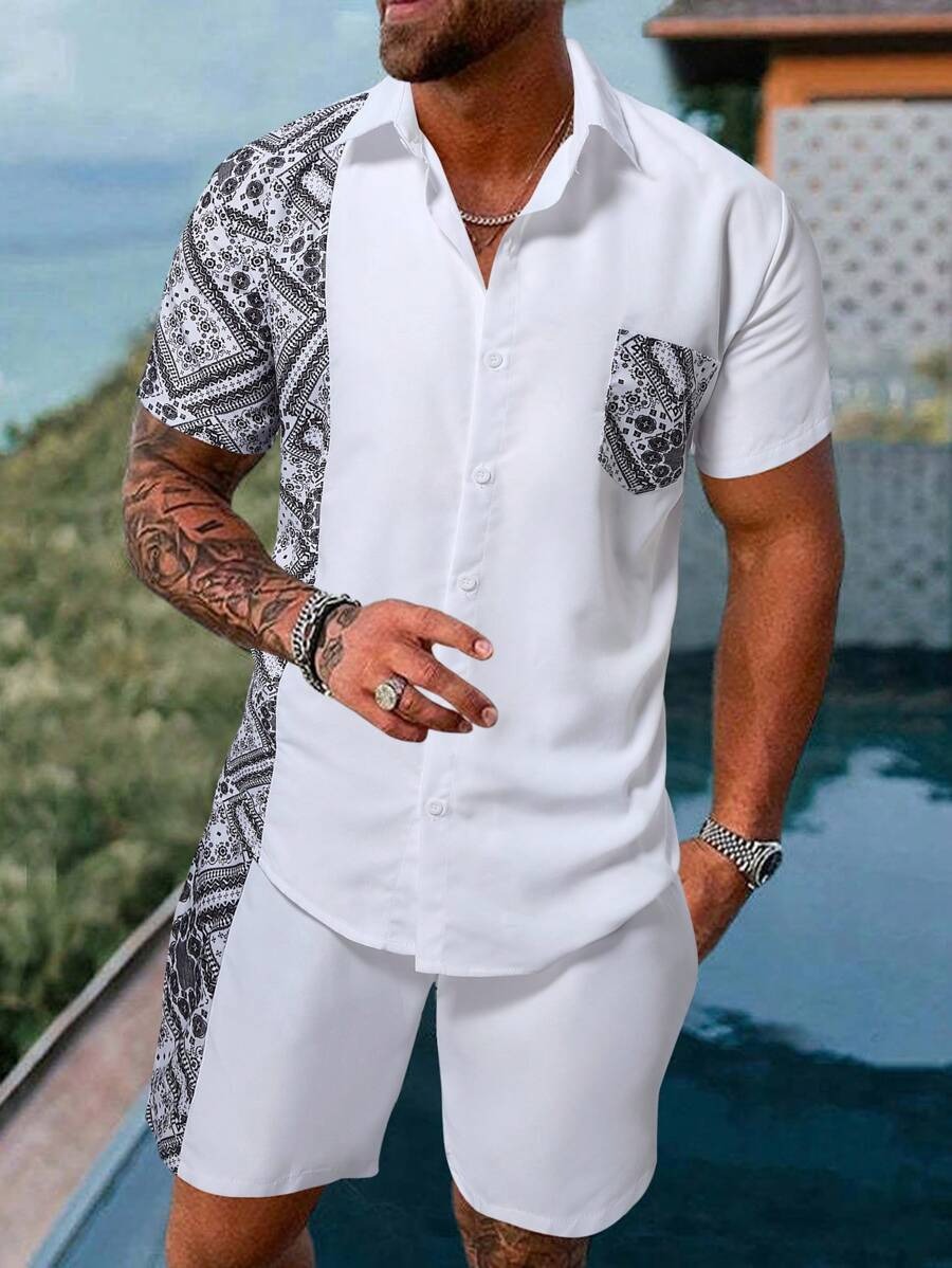 2024 nuevos productos europeos transfronterizos de Amazon, camisa de manga corta con costuras de gradiente estadounidense, traje de pantalones cortos MB1 MA1