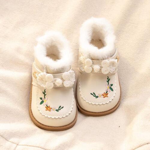 Cotton Shoes for Girls with Fleece Lining, Winter Waterproof Leather Boots, Soft Sole, Cute Children's Traditional Chinese Style Embroidered Short Boots, Hanfu Inspired Princess Shoes