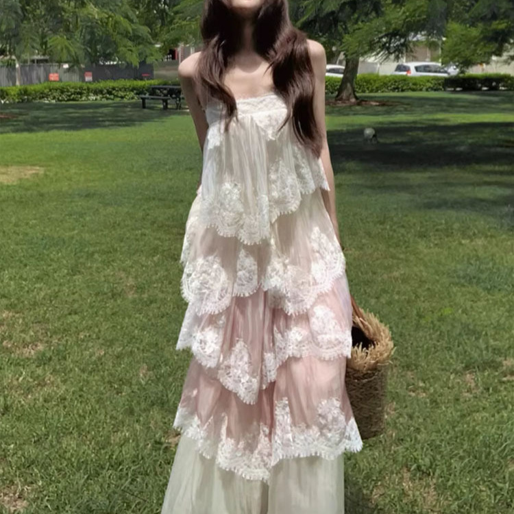 Foggy Sheer Dress Early Spring Spaghetti Strap Dress for Women 2026 New Style Heavy-Duty Gradient Multi-Layered Top Cake Skirt