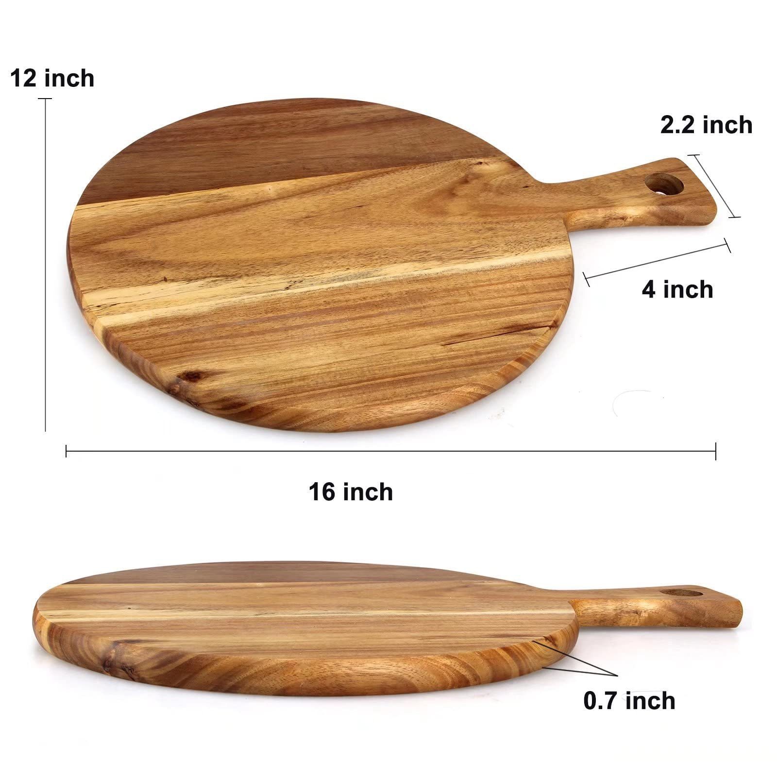 Amazon simple estilo occidental Acacia madera placa de cocina soporta impresión LOGO mango redondo engrosado tablero de corte filete