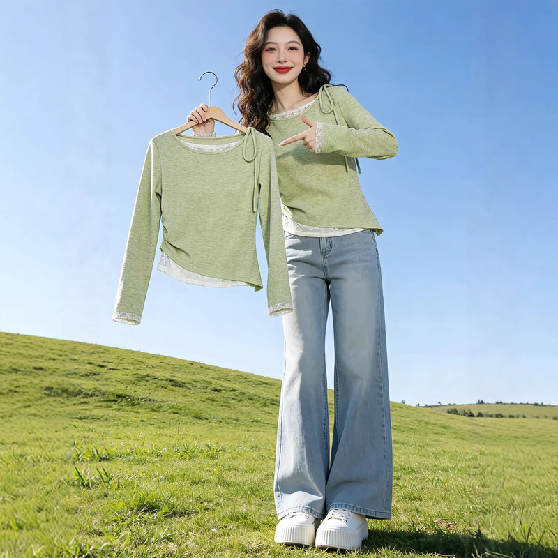 Green Fake Two-Piece Long-Sleeved T-Shirt for Women 2026 Autum New Design Asymmetrical Lace Splicing Top 11402