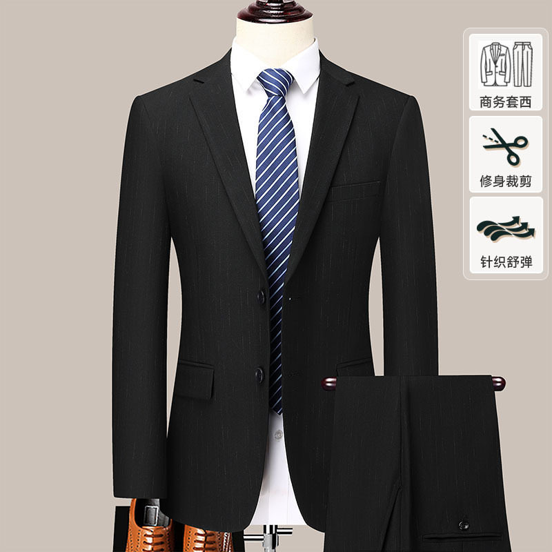 Bộ vest nam công sở giả len xẻ tà sau, áo vest một hàng hai nút dáng thon, phù hợp đi làm và dự tiệc cưới — Màu đen