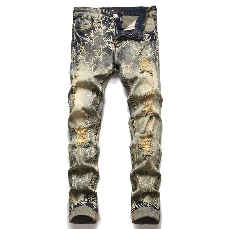 Trendy Printed Denim Suit for Men, Stretchy Slim-Fit Ripped Jacket, Trendy Patchwork Distressed Pants Trendy Printed Denim Suit for Men, Stretchy Slim-Fit Ripped Jacket, Trendy Patchwork Distressed Pants
