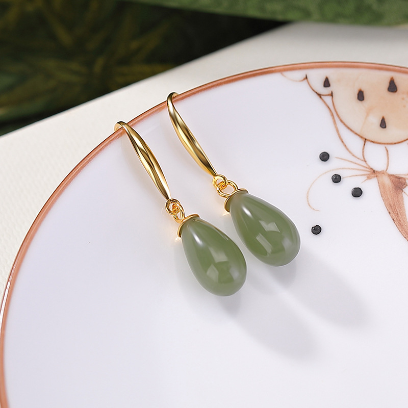 Khuyên tai nữ bạc S925 mạ vàng đính đá sodalite hình giọt nước phong cách cổ điển — Mẫu bạc