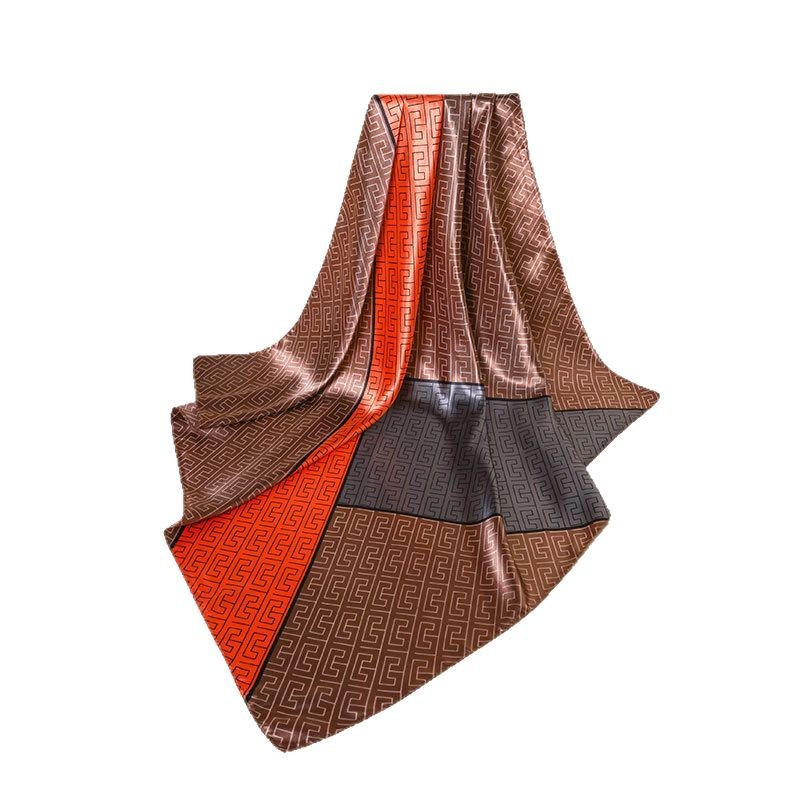 Foulard versatile in seta con motivo geometrico a blocchi di colore, grande scialle quadrato in finta seta, elastico per capelli alla moda per donna_voghion.com