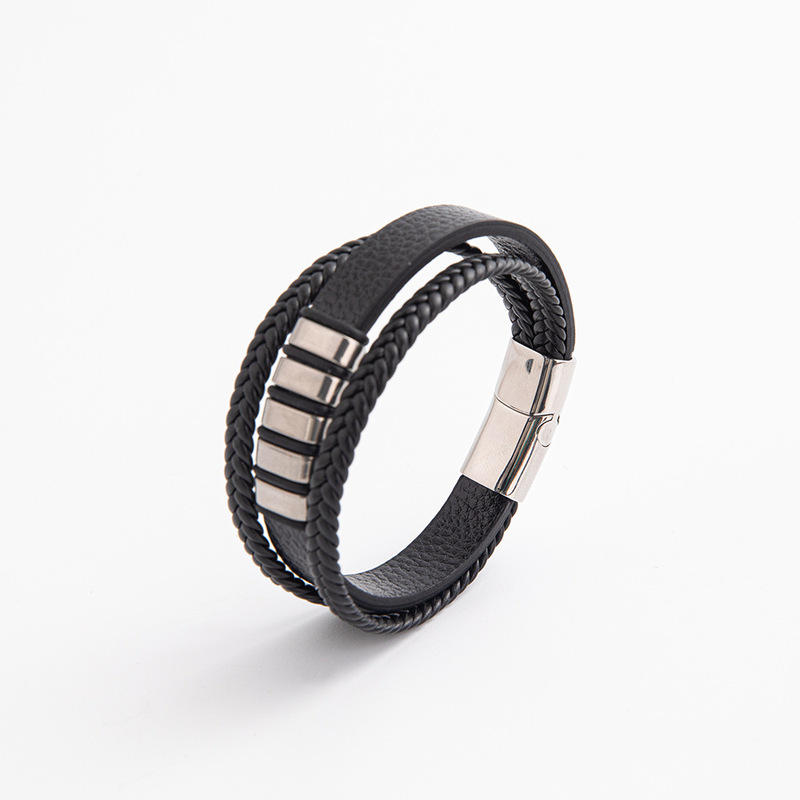 European and American Cross-border Titanium Steel Magnetic Leather Rope Bracelet Men's Three-layer Braided Stainless Steel Bracelet Retro Bracelet Wholesale European and American Cross-border Titanium Steel Magnetic Leather Rope Bracelet Men's Three-layer Braided Stainless Steel Bracelet Retro Bracelet Wholesale