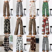 现货跨境女装TK亚马逊temu欧美新款热销休闲裤豹纹长裤阔腿裤齐码
